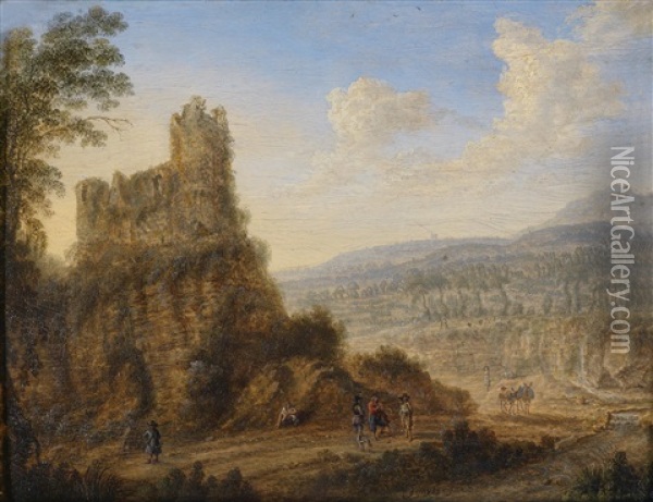 Landschaft Mit Einer Hochgelegenen Burg Und Sich Unterhaltenden Personen Oil Painting - Gillis Neyts