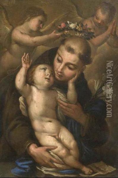 Sant'antonio Da Padova Col Bambino, Incoronato Da Due Angeli Oil Painting - Gerolamo Chignoli