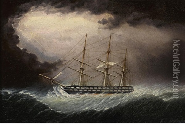 A British Warship In Heavy Weather Oil Painting - James Edward Buttersworth