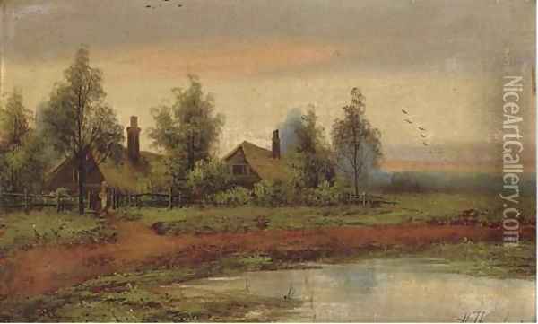 Cottages beside a pool at sunset Oil Painting - Hubert Thornley