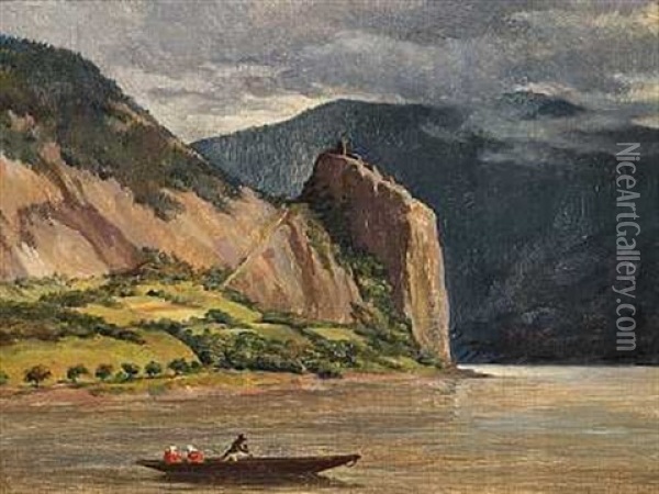 Flodparti Med En Robad, I Baggrunden Hojtliggende Faestning Oil Painting - Adam August Mueller