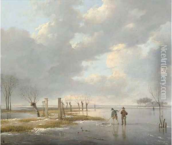 Fishermen cutting a hole in the ice Oil Painting - Andreas Schelfhout
