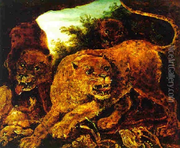Leoparden In Einer Felsgrotte Oil Painting - Hans Savery the Younger