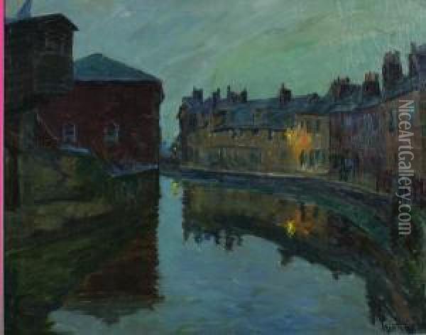 Village With Canal At Dusk Oil Painting - William Samuel Horton