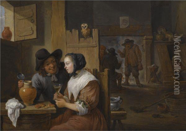 A Young Couple In An Inn Oil Painting - David The Younger Teniers