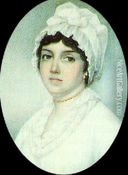 Mrs. James Sinkler (nee Margaret Cantey), Wearing White Dress With Frilled Collar And Matching Bonnet Oil Painting - Edward Greene Malbone