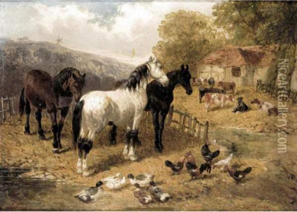 Farmyard Scene With Hunters Oil Painting - John Frederick Herring Snr