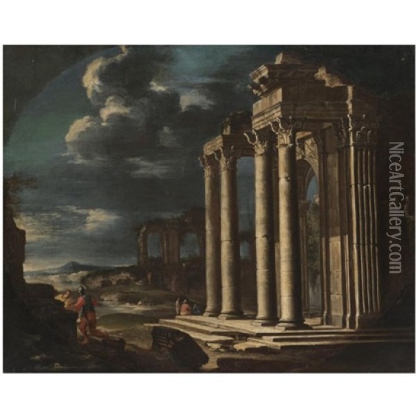 An Architectural Capriccio Of Roman Ruins With Figures Conversing Oil Painting - Giovanni Ghisolfi