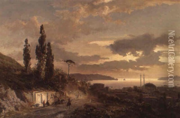 View Of Constantinople At Sunset, The Mosque Of Besiktas Beyond Oil Painting - Karl Paul Themistocles von Eckenbrecher