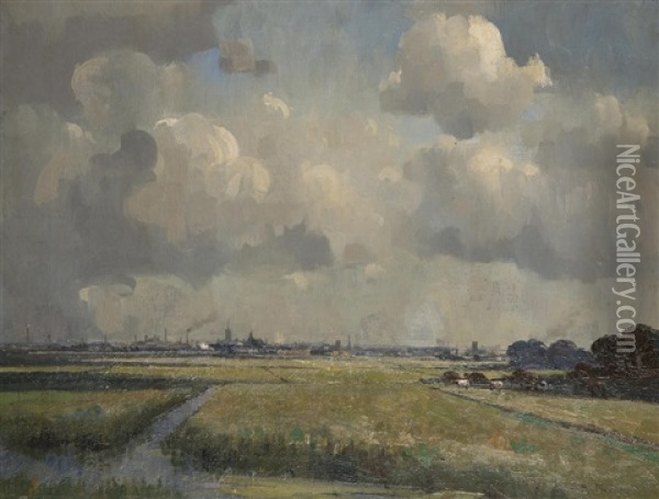 Looking Over Flatford Marshes Towards Great Yarmouth Oil Painting - Archibald Campbell