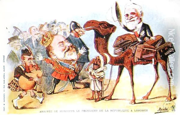 Caricature of the arrival of President of the French Republic, Emile Loubet (1838-1929) in London in 1903 Oil Painting - Salomon Assus