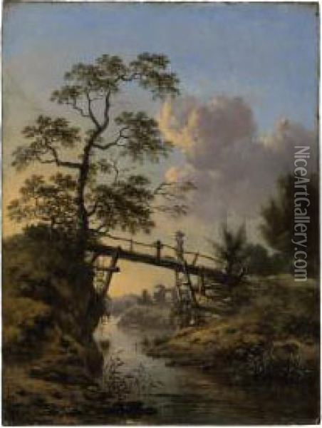A Stream With A Peasant Woman Crossing A Footbridge Oil Painting - Jan Wijnants