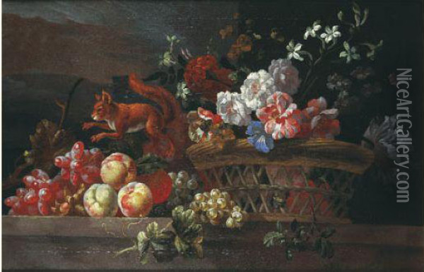 Nature Morte Au Panier De Fruits Et Fleurs Sur Un Entablement Oil Painting - Pieter III Casteels