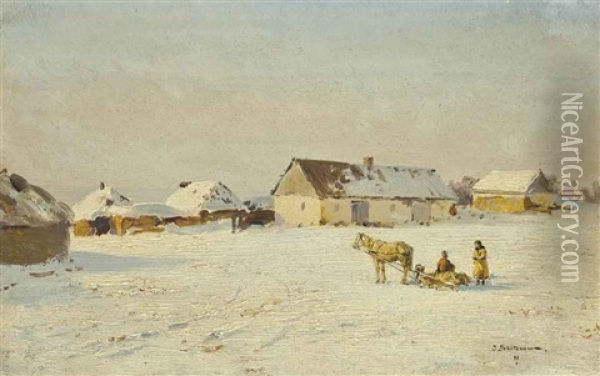 A Farm By Nikolskoe (kherson Governorate), A Wintry Sunny Day Oil Painting - Ivan Pavlovich Pokhitonov