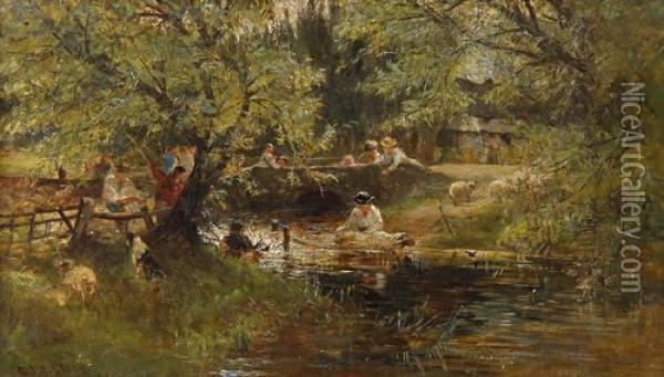 Sheep Washing Oil Painting - Charles James Lewis