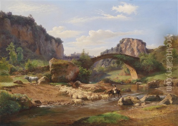 Sudliche Landschaft Mit Schafen An Einer Furt Oil Painting - Johann Heinrich Hasselhorst