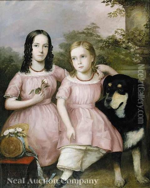 Missouri Andvirginia, Nieces Of S. P. Chase, With Their Rottweiler Oil Painting - James Fergusson