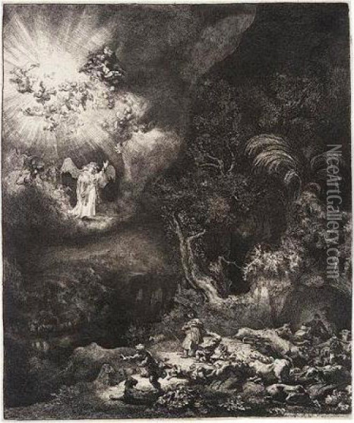 The Angel Appearing To The Shepherds (b., Holl.44; H.120; Bb.34-j) Oil Painting - Rembrandt Van Rijn