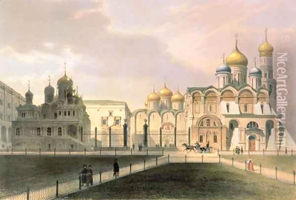View of the Cathedrals in the Moscow Kremlin Oil Painting - Louis Jules Arnout