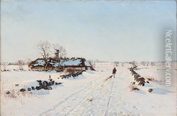 Snowy Landscape With A Hunter And His Dog Oil Painting - Sigvard Marius Hansen