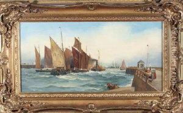 Fishing Boats Under Tow, Calais Harbour. Oil Painting - Thomas Bush Hardy