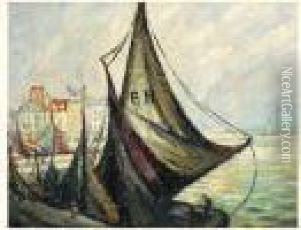 Bateaux De Peche A Quai A Honfleur Oil Painting - Pierre Dumont