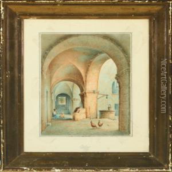 Cloister With Motherand Child Oil Painting - Harald Conrad Stilling