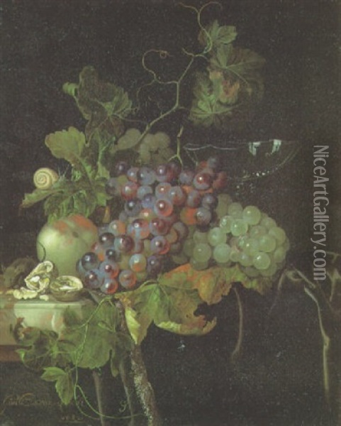 Grapes, An Apple, A Sliced Walnut, A Glass, A Snail And A Mouse On A Marble Ledge Oil Painting - Willem Van Aelst