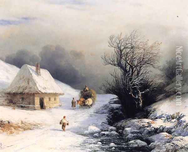 Little Russian Ox Cart in Wintert Oil Painting - Ivan Konstantinovich Aivazovsky