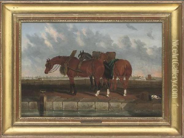Barge Horses By A Canal With An Estuary Beyond Oil Painting - John Frederick Herring Snr