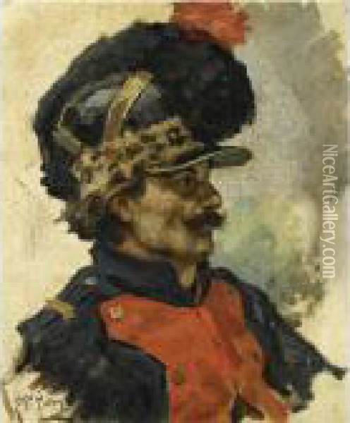 Portrait Of A French Dragoon Oil Painting - Ilya Efimovich Efimovich Repin