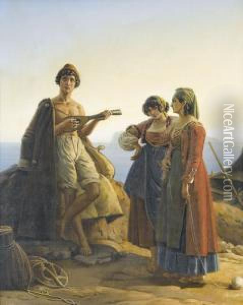 Musizierender Jungling Mit Zwei Fischersfrauen Oil Painting - Aurele Robert