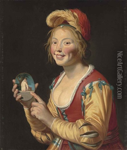 A Courtesan Holding An Obscene Image Oil Painting - Gerrit Van Honthorst