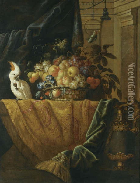 A Still Life With A Basket Of Fruit And A Parakeet Upon A Ledge Draped With A Damask Beside An Ormolu Mounted Porphyry Vase Oil Painting - Jan Pauwel Ii Gillemans