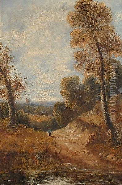 A Figure In An Autumn Landscape; Cottages Oil Painting - M. Hall
