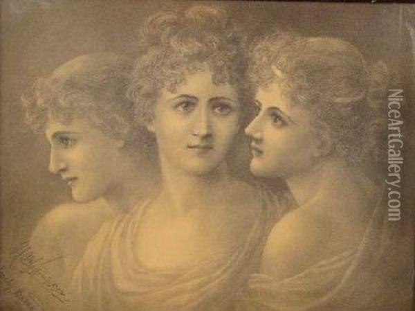 A Study Of Three Female Heads, Bust Length Oil Painting - Emily Barnard