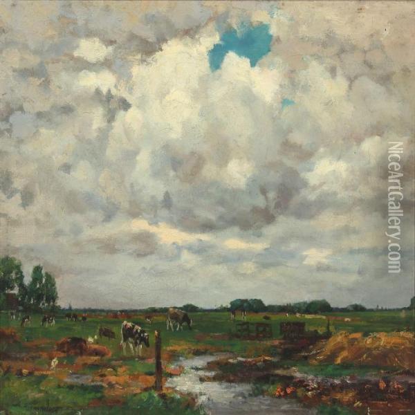 Cows In A Field Oil Painting - Dirk Johannes Van Haaren