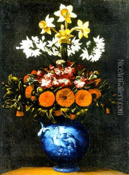 Flowers In A Blue Porcelain Vase On A Stone Ledge Oil Painting - Giacomo Recco