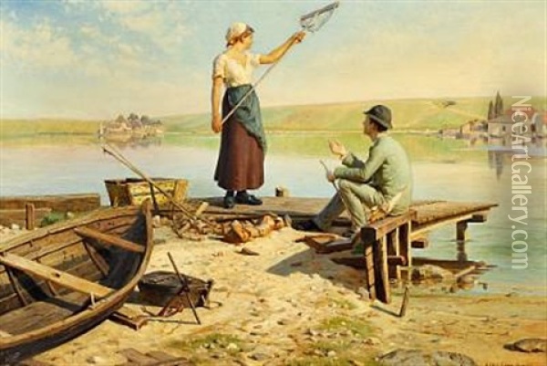 Ved Faergestedet (at The Ferry) Oil Painting - Niels Frederik Schiottz-Jensen