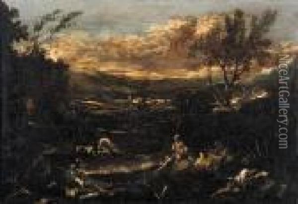 Paesaggio Fluviale Con Astanti Ed Un Borgo In Lontananza Oil Painting - Alessandro Magnasco