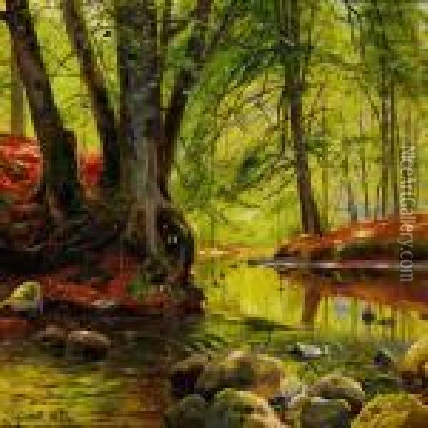 Stream In The Woods, Springtime Oil Painting - Peder Mork Monsted