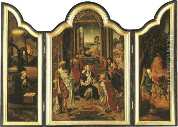A Triptych: Central Panel: The Adoration Of The Magi Oil Painting - Master Of The Von Groote Adoration