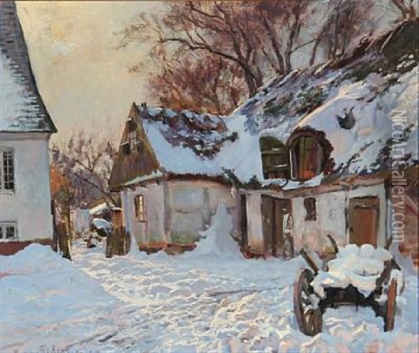 Snow Covered Courtyard In A Village Oil Painting - Viggo Pedersen