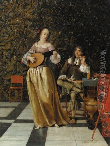 A Lady Playing A Lute With A Gentleman Seated At A Table In Aninterior Oil Painting - Eglon Hendrick Van Der Neer