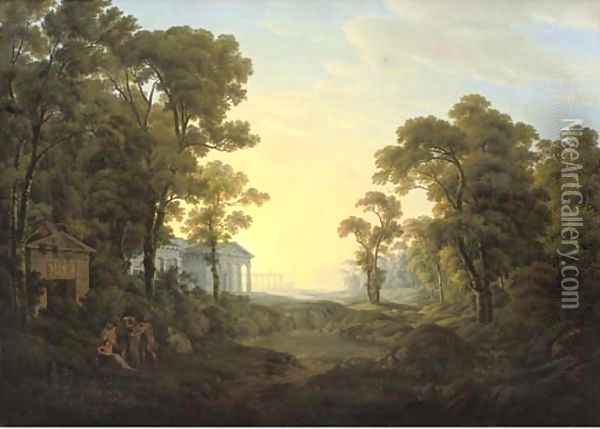 A wooded landscape with figures in ancient dress by a classical temple, other classical buildings beyond Oil Painting - Josef Rebell