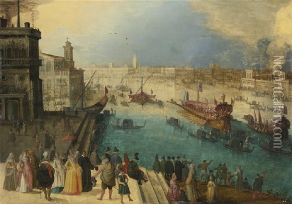 A Capriccio View Of Venice With The Bucintoro Oil Painting - Louis de Caullery