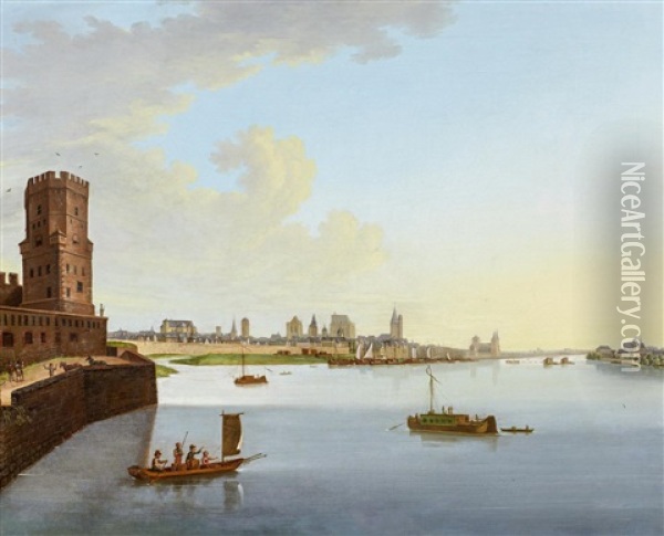 Koln. Ansicht Vom Sudlichen Ufer Mit Dem Bayenturm Auf Stadt Und Hafen Oil Painting - Johann Bachta