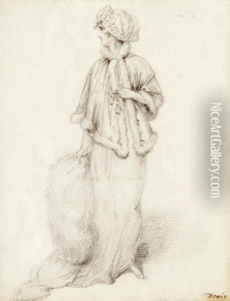 Fashionably Dressed Lady With Muff And Fur-trimmed Costume Oil Painting - Arthur William Devis