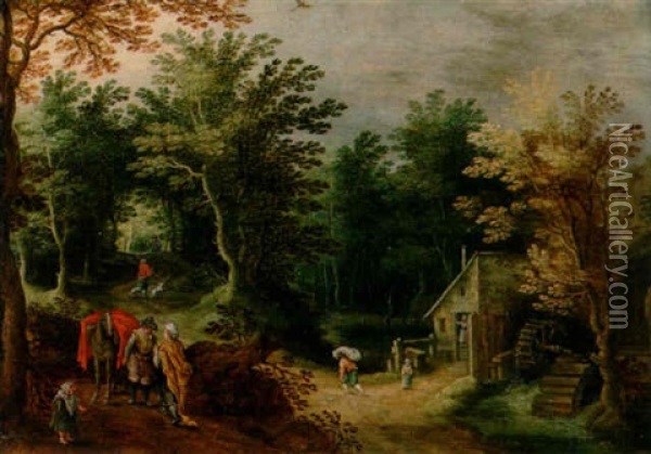 A Wooded Landscape With Travellers In The Foreground And Figures Outside A Watermill Beyond Oil Painting - Abraham Govaerts