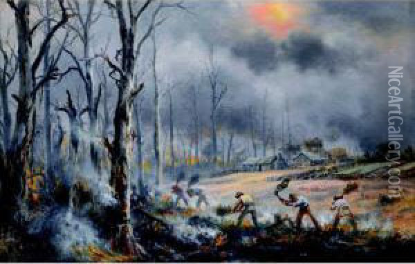 Fighting The Bushfire Oil Painting - James Alfred Turner